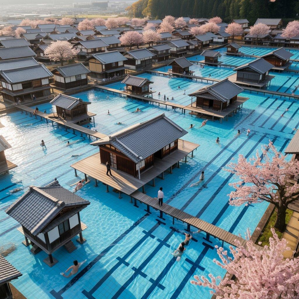 競泳プールと融合した村