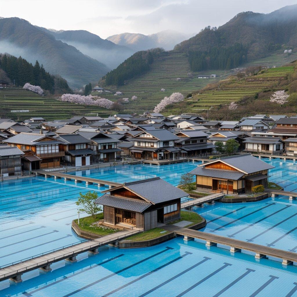 競泳プールと融合した村