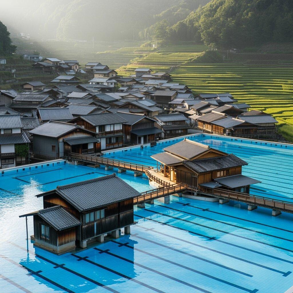 競泳プールと融合した村