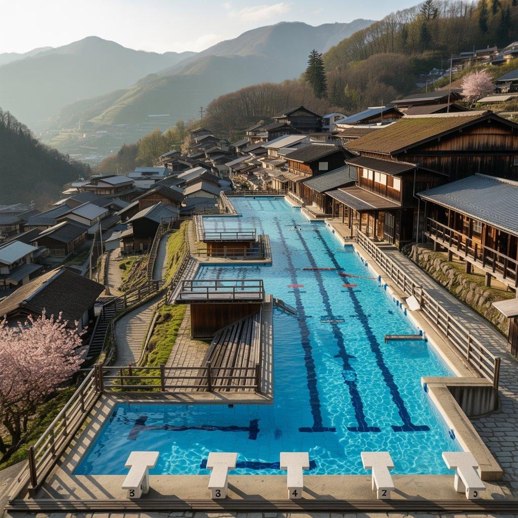 競泳プールと融合した村