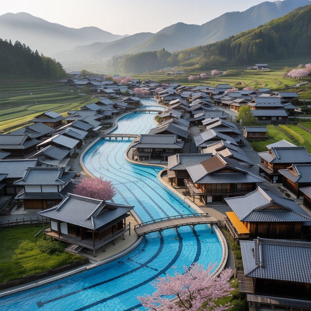競泳プールと融合した村