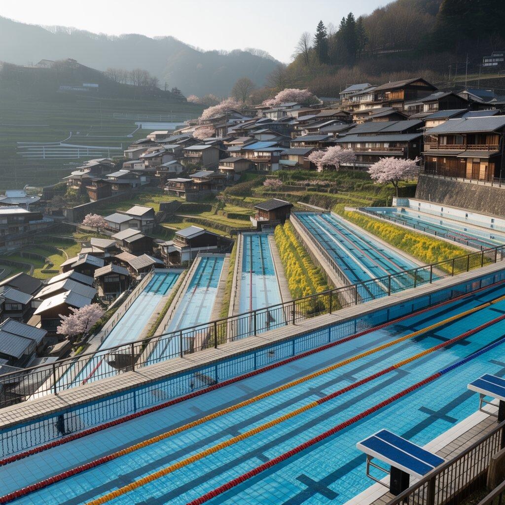 競泳プールと融合した村