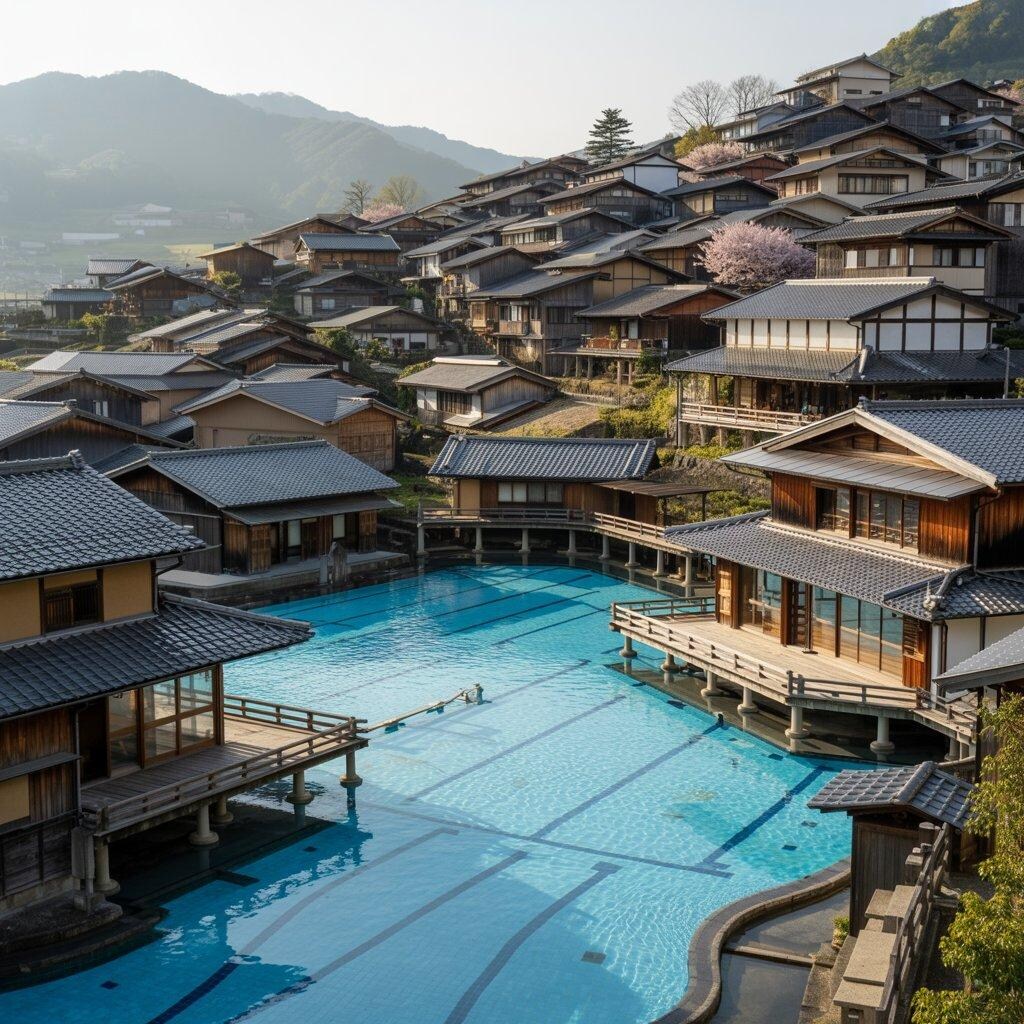 競泳プールと融合した村