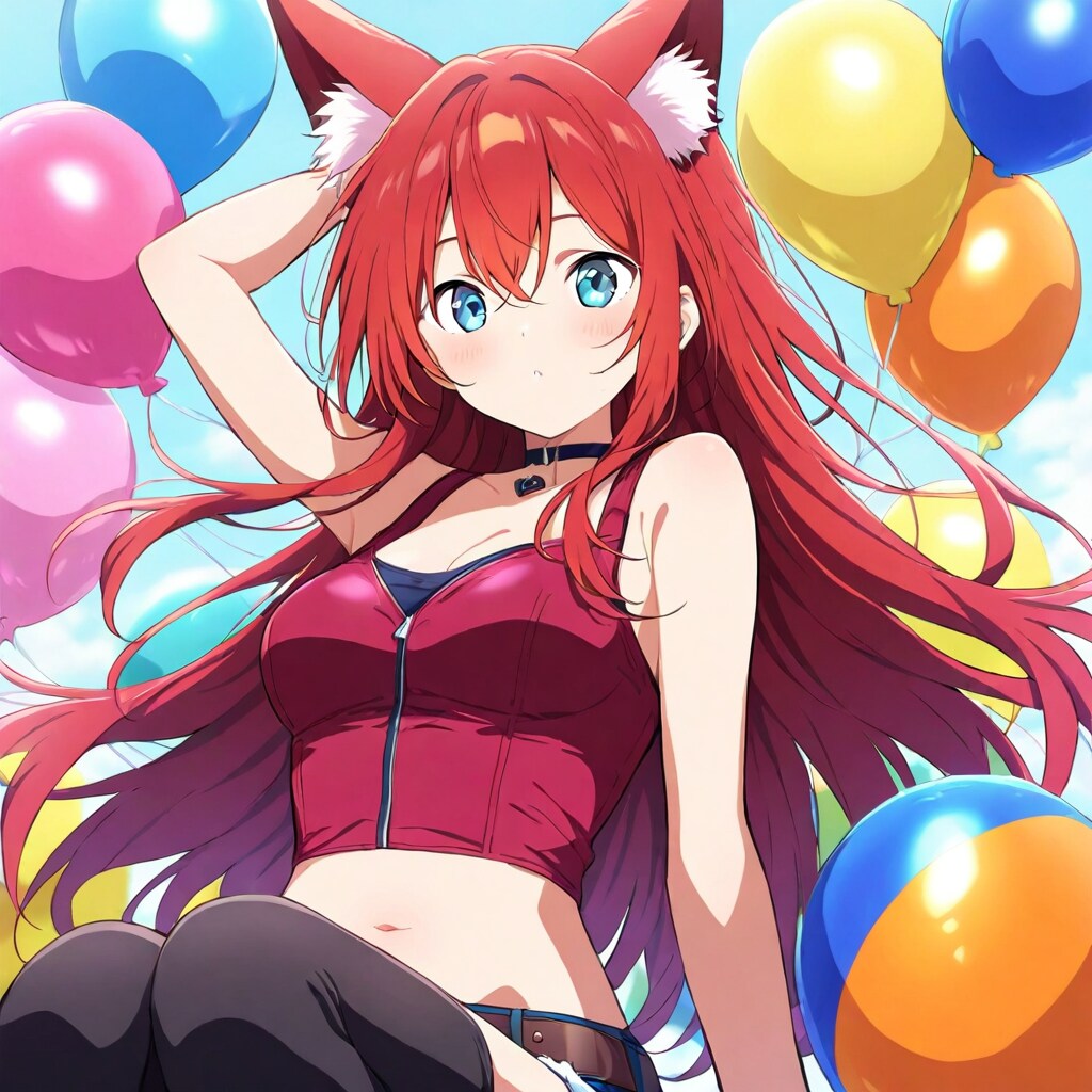 いっぱい風船を膨らませて遊ぶ赤い髪ロングのケモミミ娘 | の人気AIイラスト・グラビア