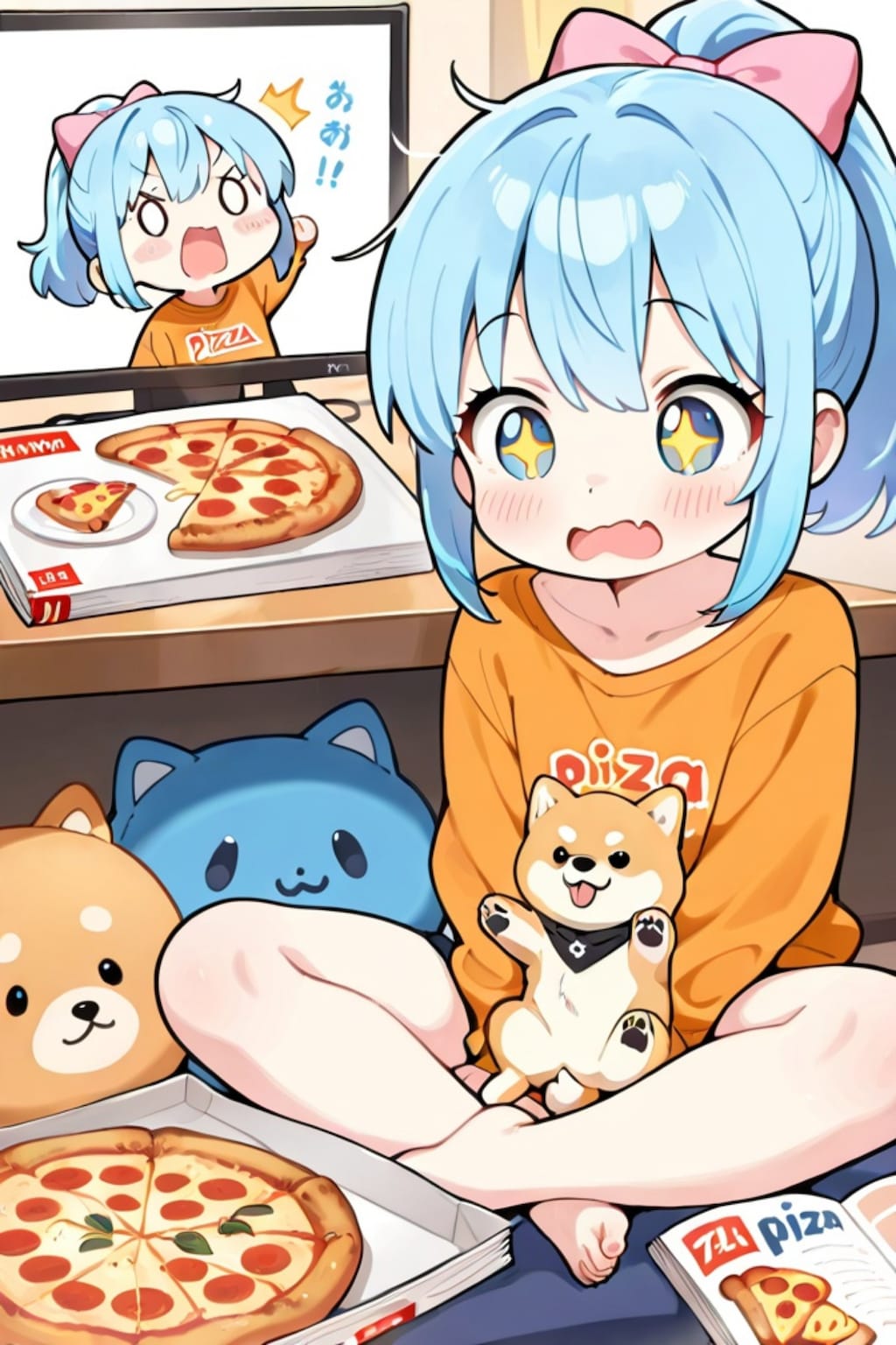 柴犬とピザと青髪ちゃん