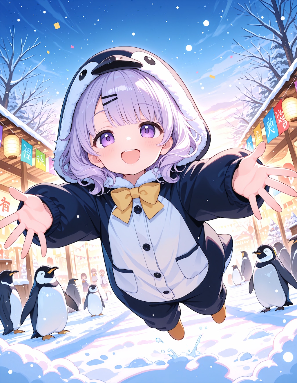 雪降る街の元気なペンギン娘