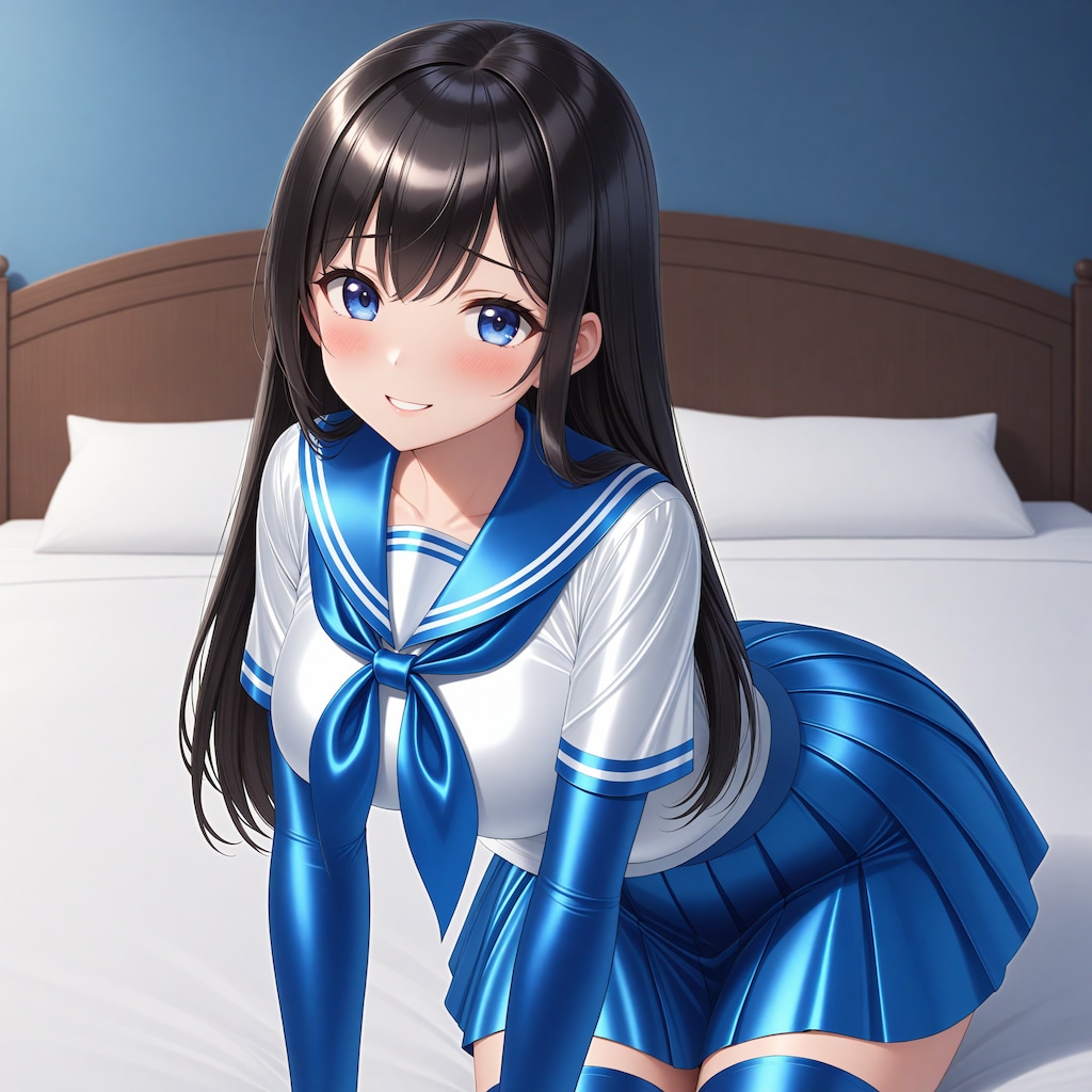 光沢青セーラー服長手袋サイハイソックス