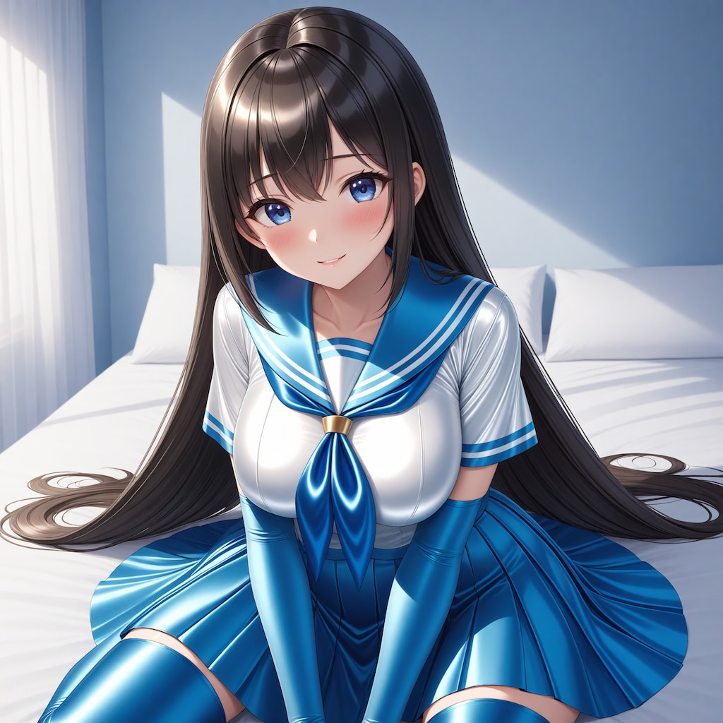 光沢青セーラー服長手袋サイハイソックス