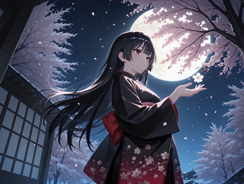 月と桜と和服美女