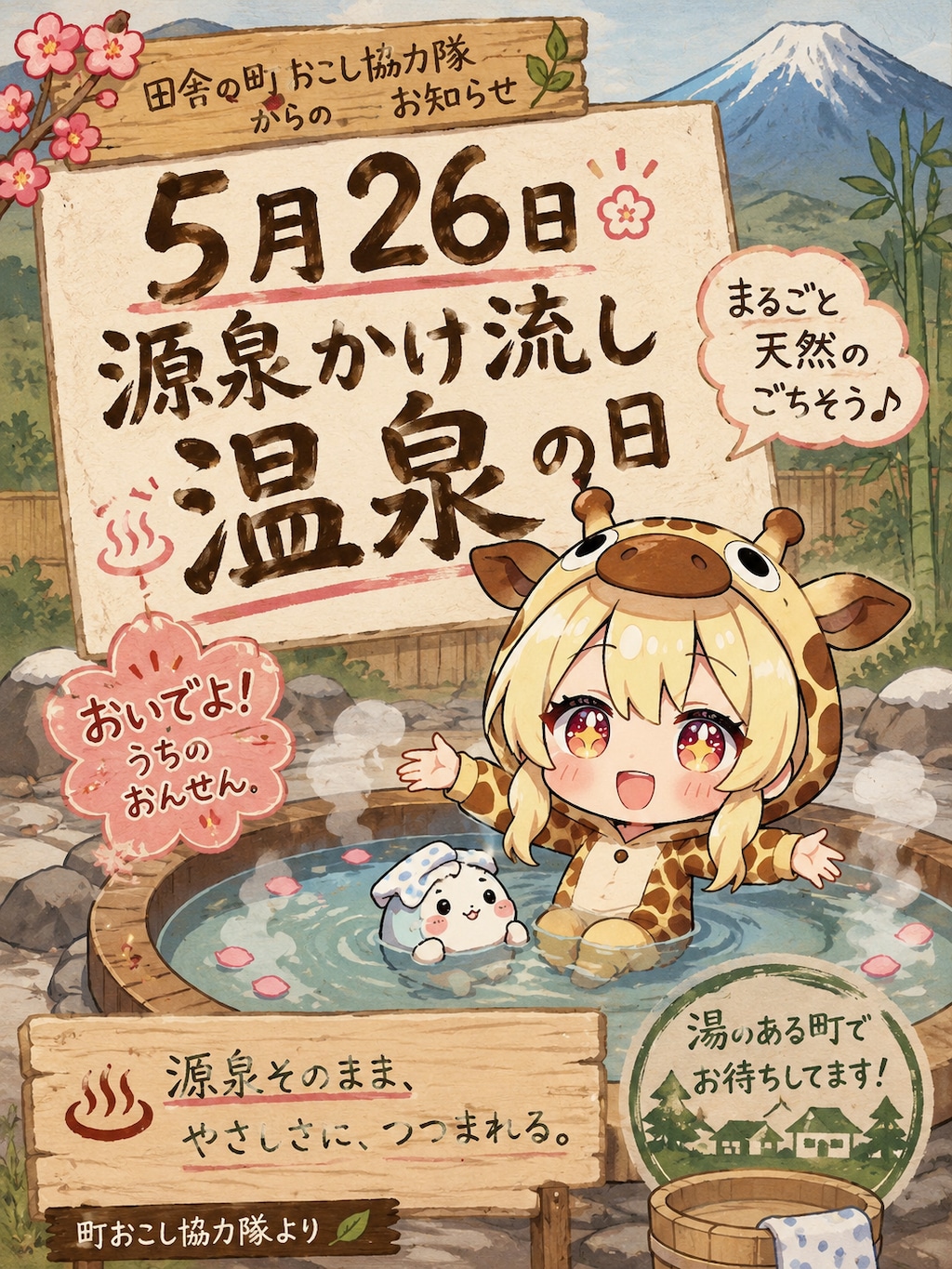 温泉を堪能するキリン着ぐるみちび子ちゃん