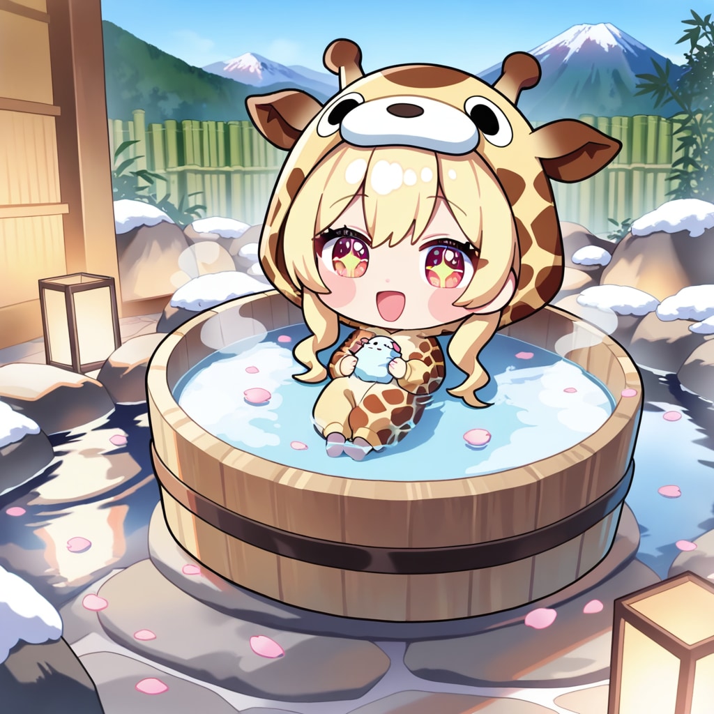 温泉を堪能するキリン着ぐるみちび子ちゃん