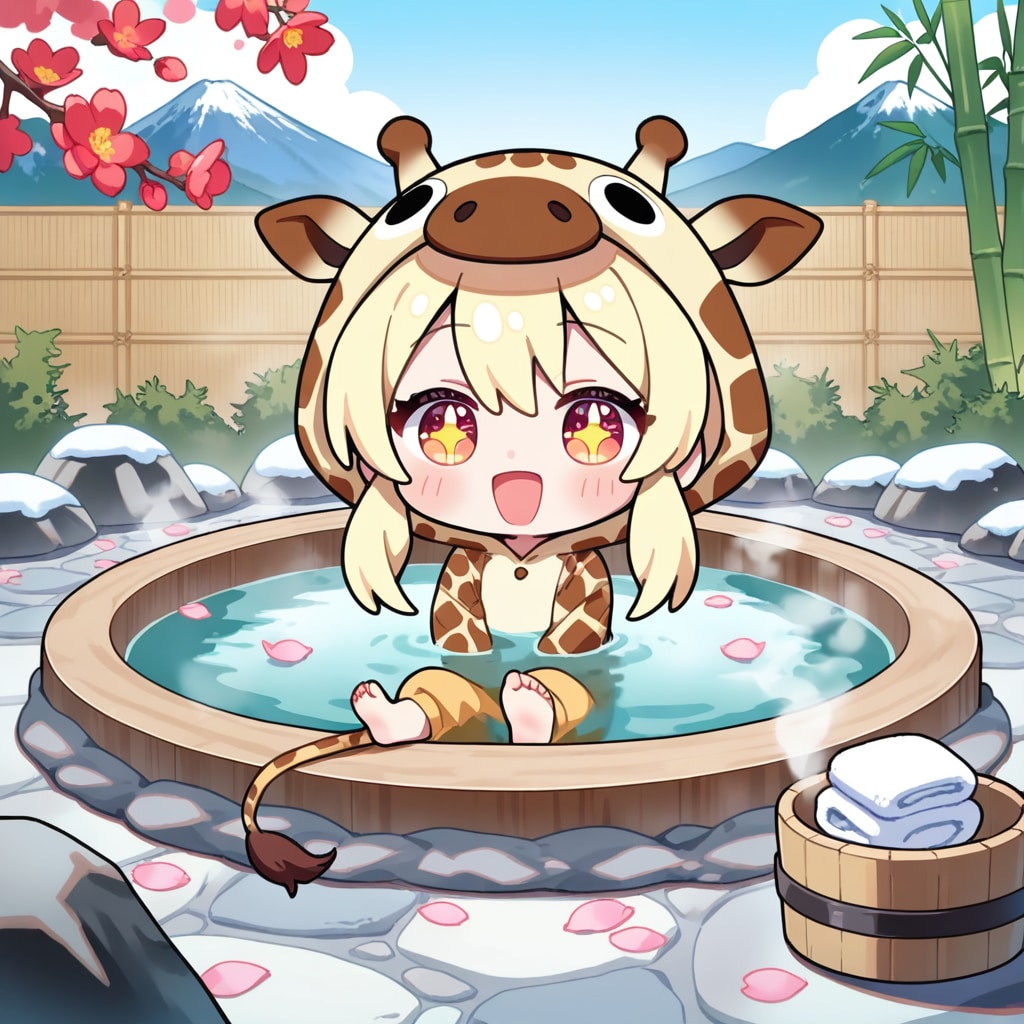 温泉を堪能するキリン着ぐるみちび子ちゃん