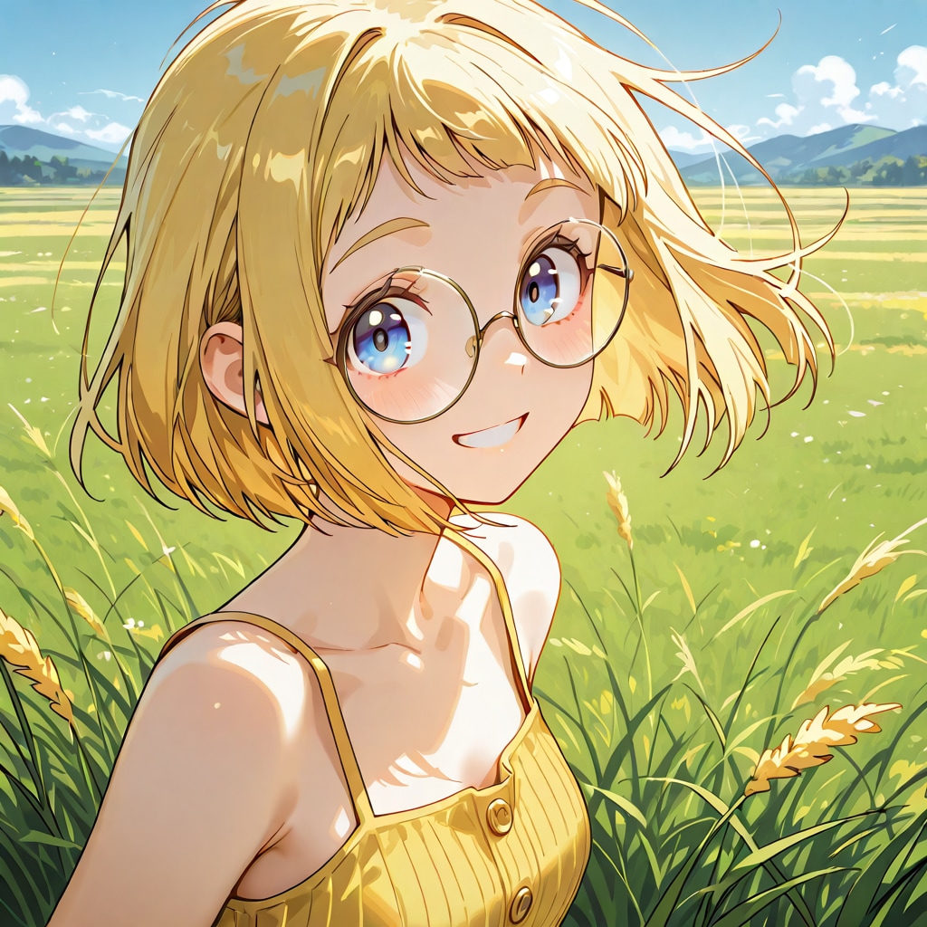 風なびく草原とミッシェルさん