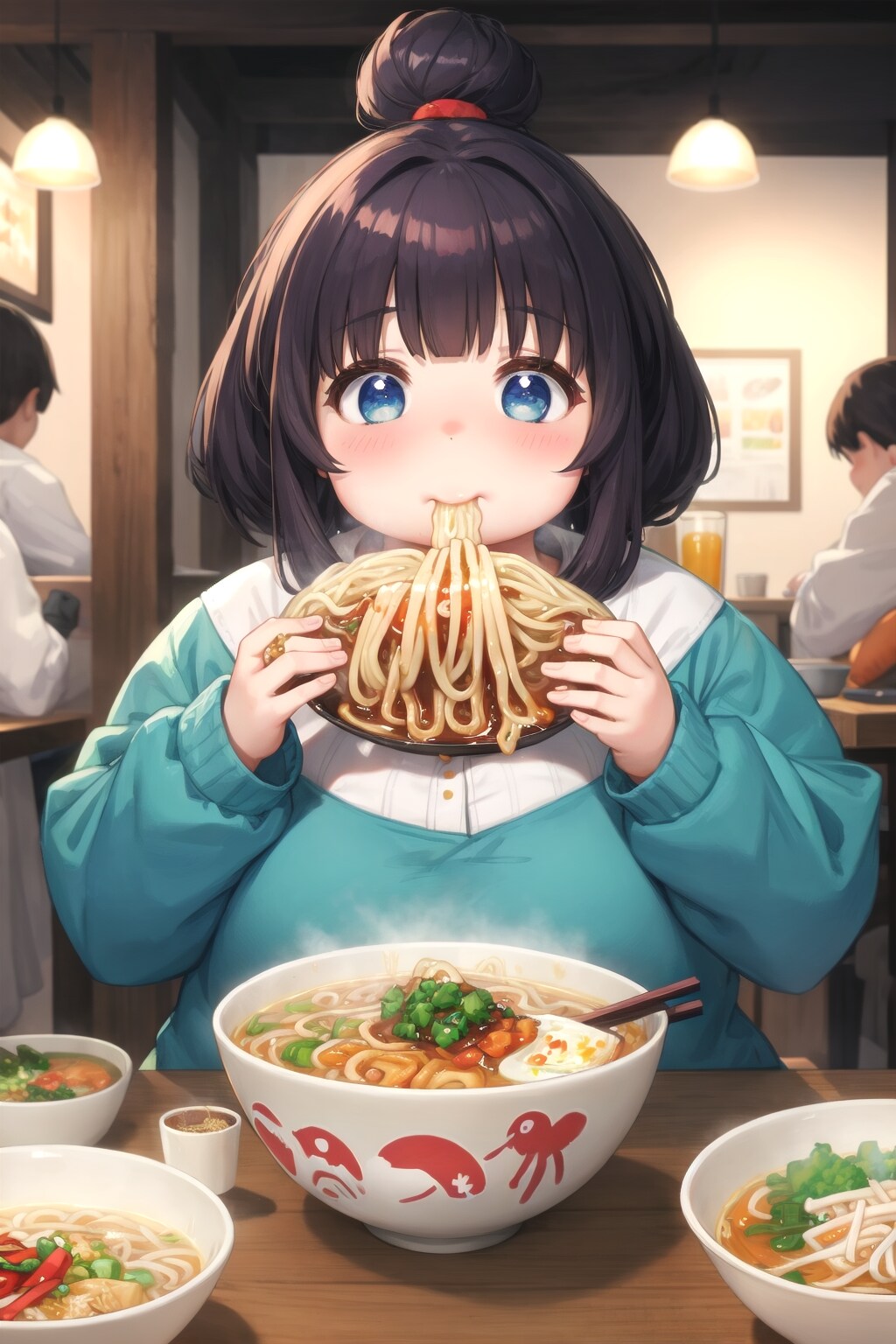 青空が広がる中世ヨーロッパのような世界でラーメンを沢山食べるぽちゃぽちゃに太った女の子