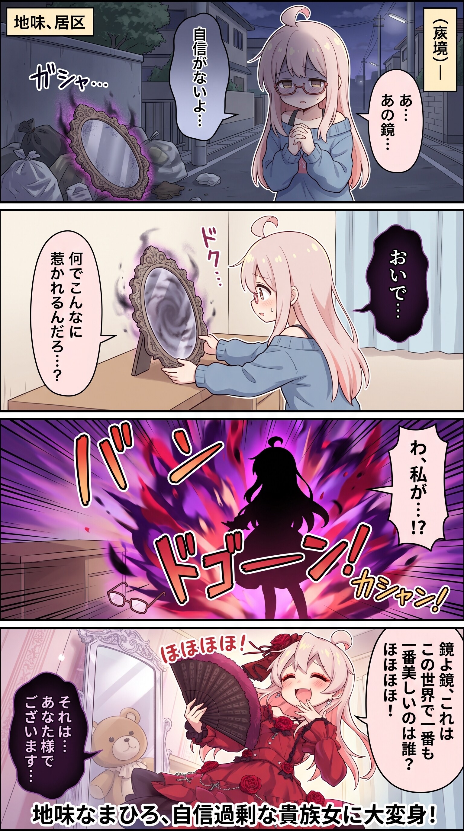 地味なまひろんが、呪いの鏡の魔力で自信過剰な貴族女に大変身！ | の人気AIイラスト・グラビア
