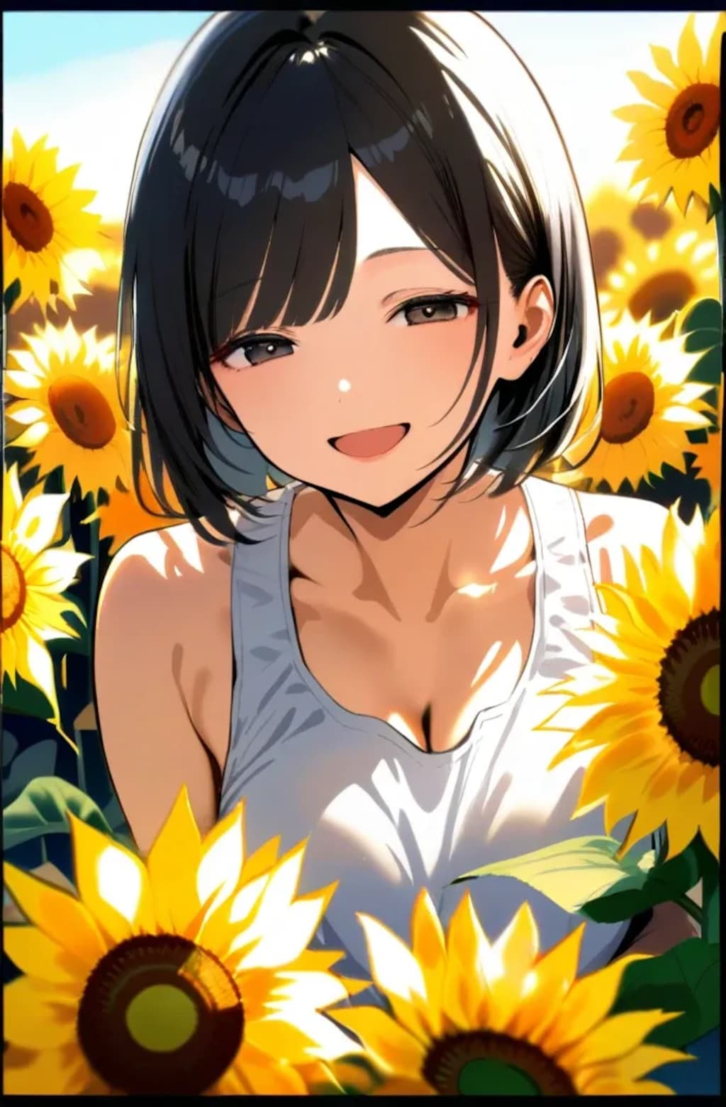 ヒマワリの花に囲まれて