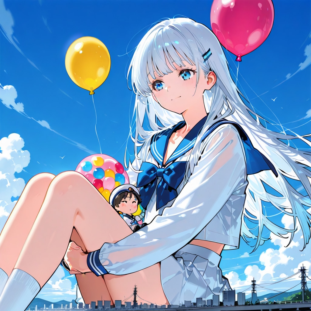 色とりどりの風船を持つ白い髪ロングのセーラー服着た美少女 | の人気AIイラスト・グラビア