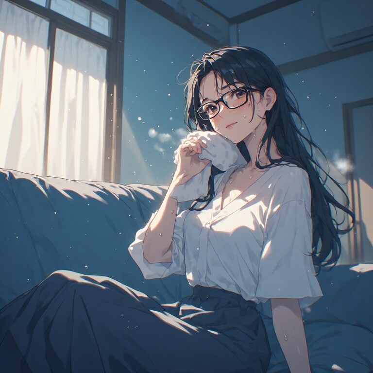 黒髪メガネ　エアコン効かない部屋でもじっと耐える