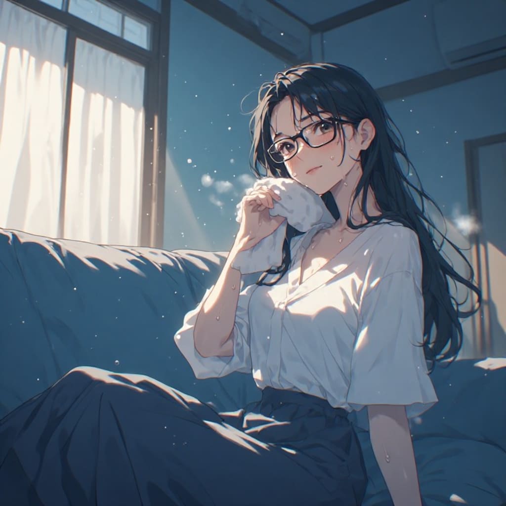 黒髪メガネ　エアコン効かない部屋でもじっと耐える