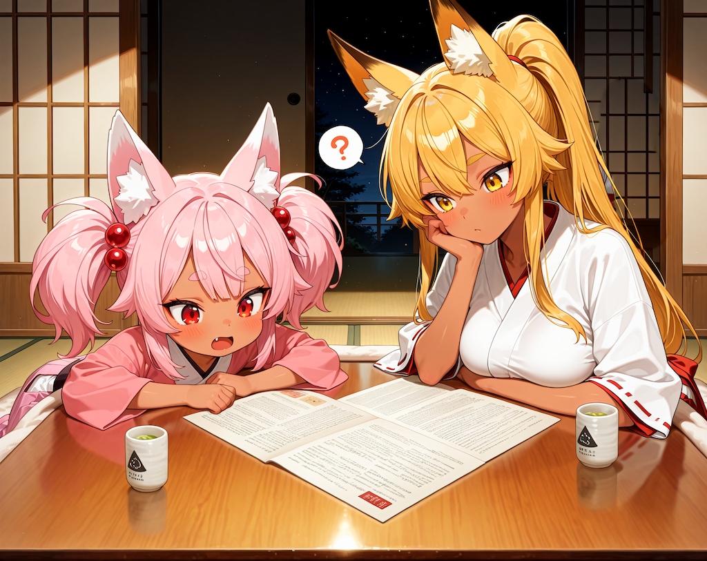 企画書を読む金狐と桃狐ちゃん