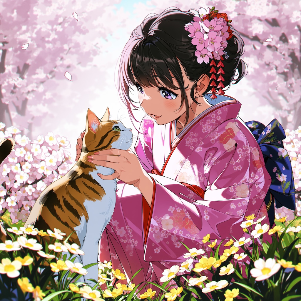 猫と着物の少女