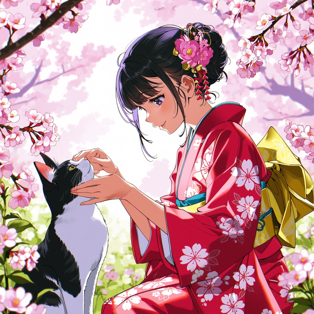 猫と着物の少女