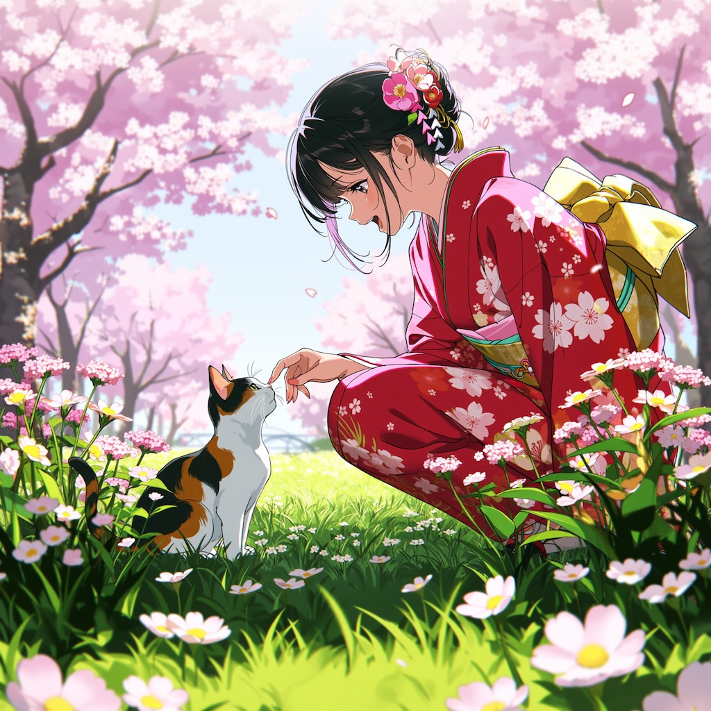 猫と着物の少女