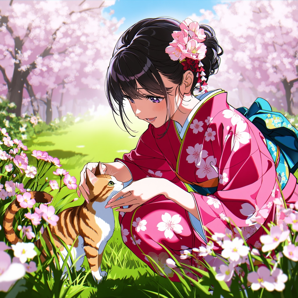 猫と着物の少女