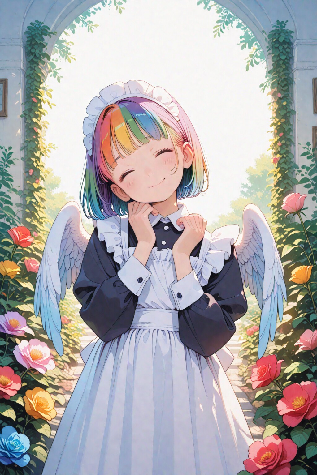 バラ園に佇むカラフルメイド天使