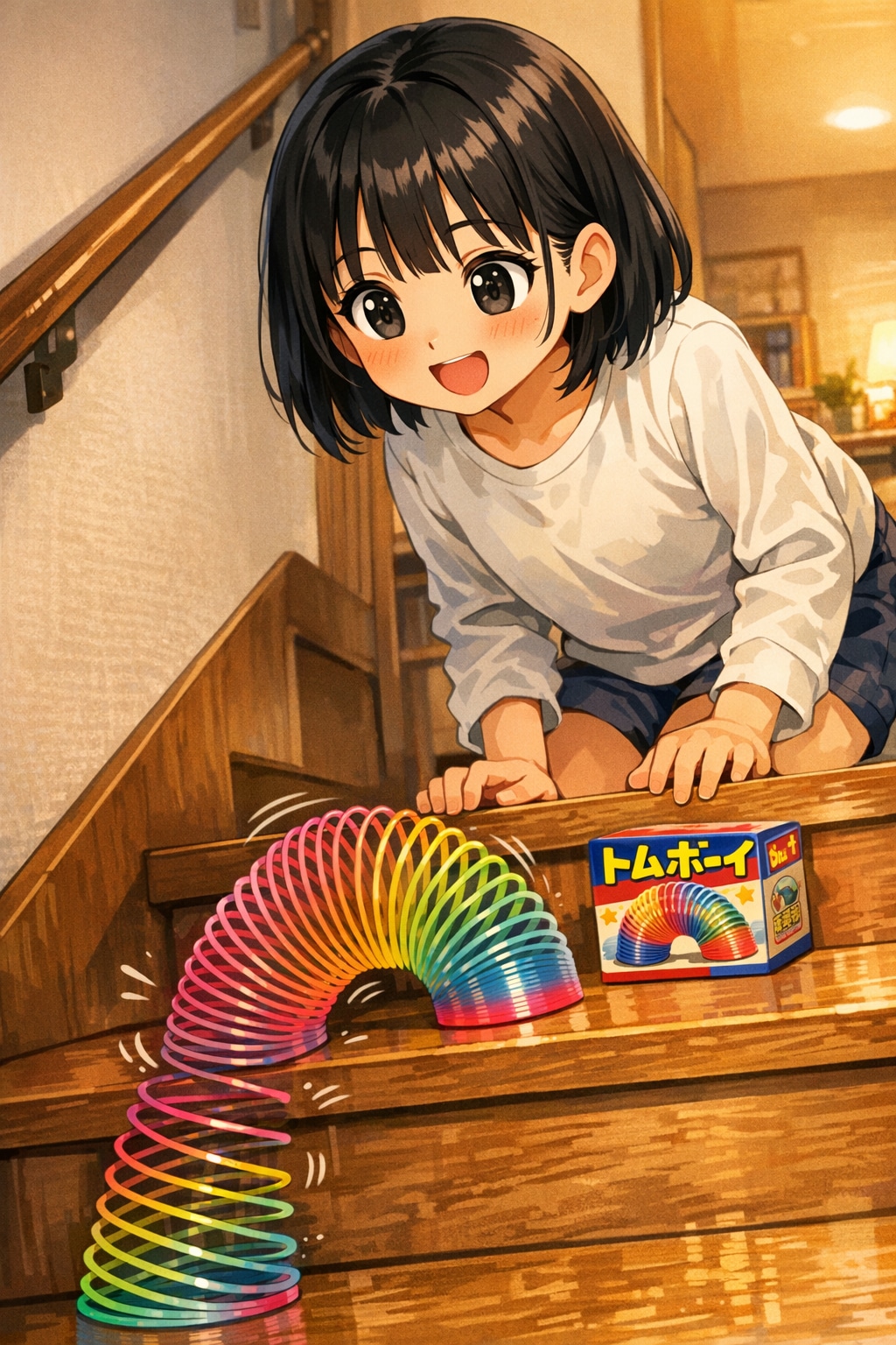 バネの玩具で遊ぶ女の子