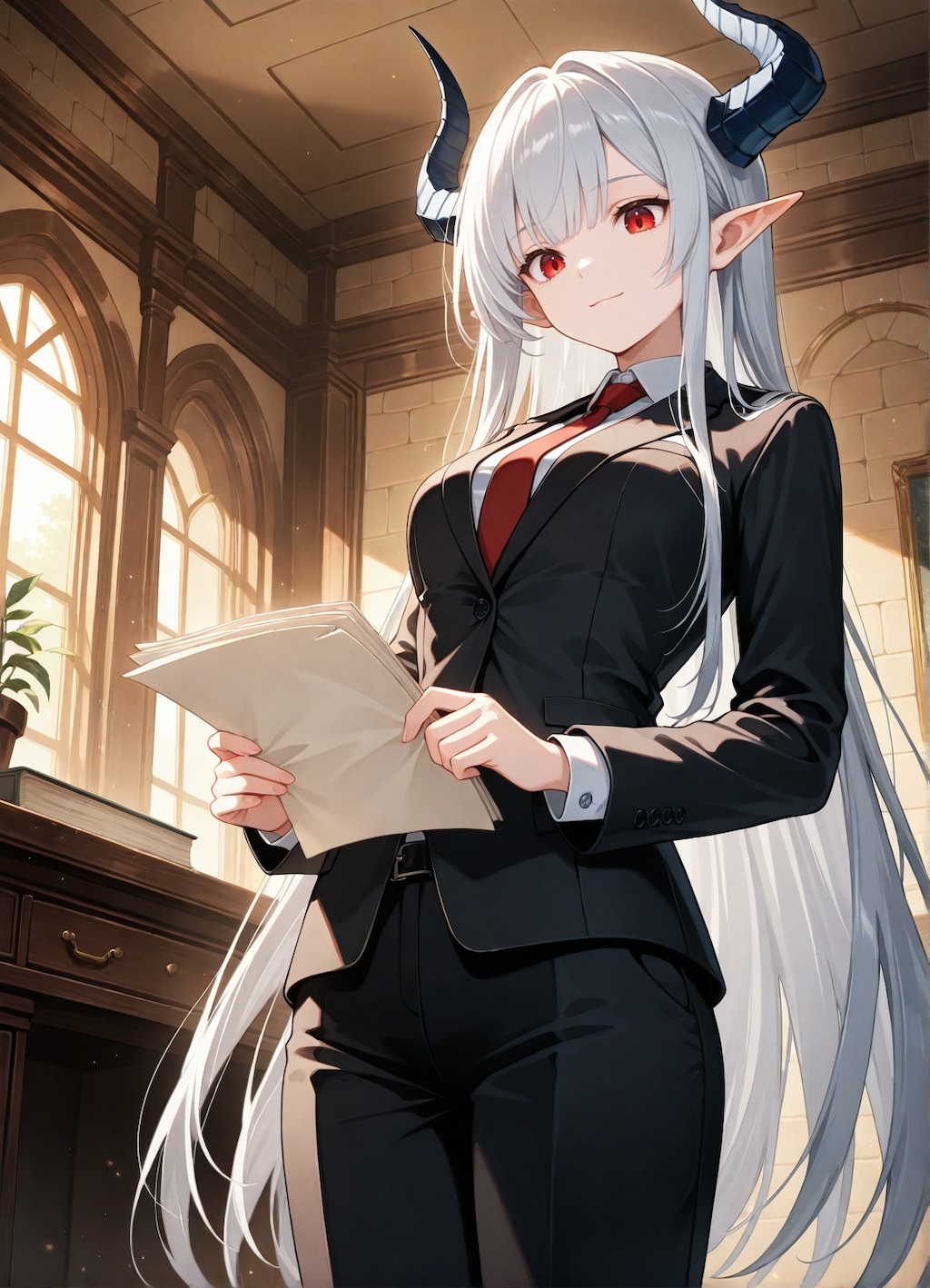 スーツ姿で書斎で書類を読む銀髪竜姫さん