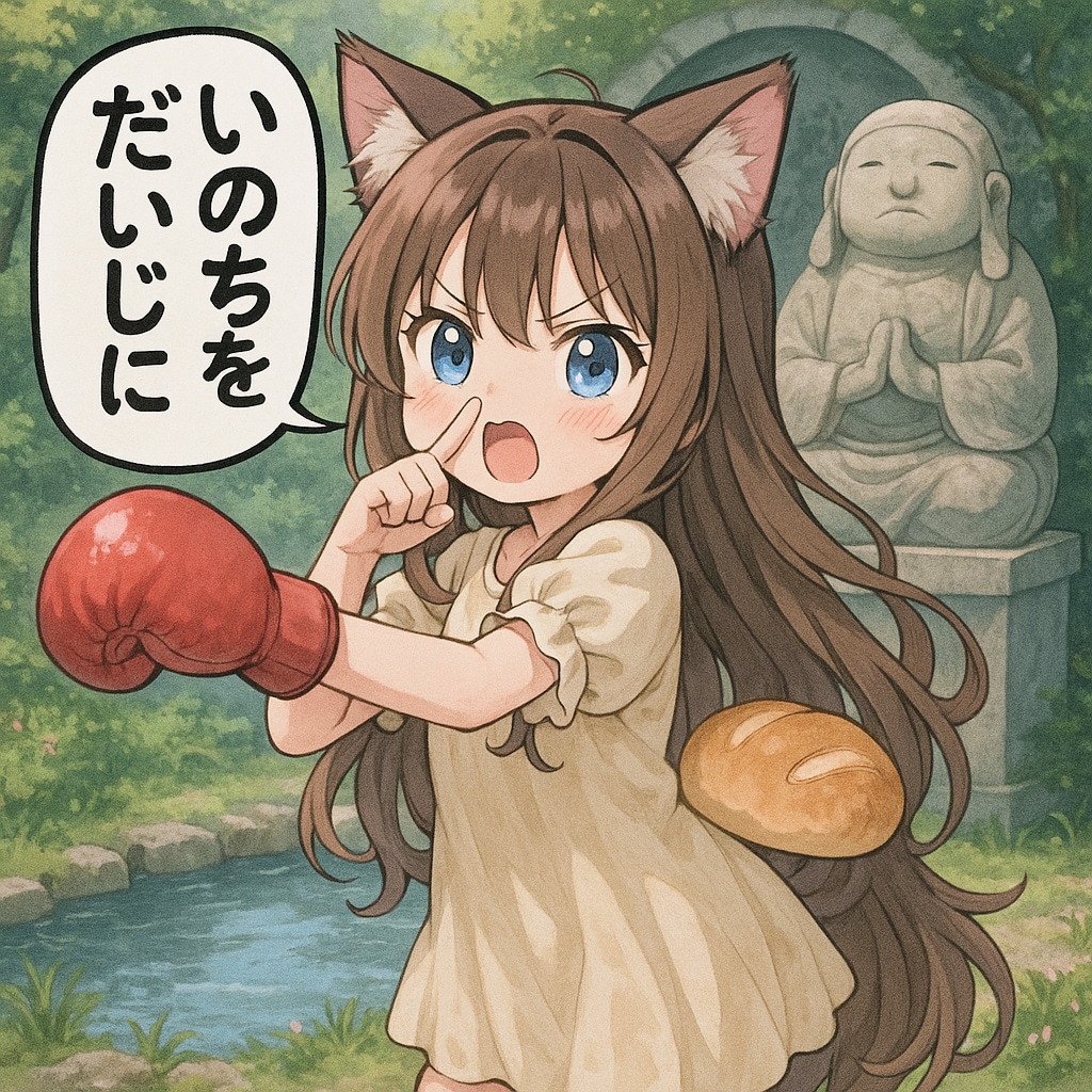 パンを尻にはさんで右手の指を鼻の穴に入れて左手でボクシングをしながら『いのちをだいじに』と叫んでいる小さな女の子