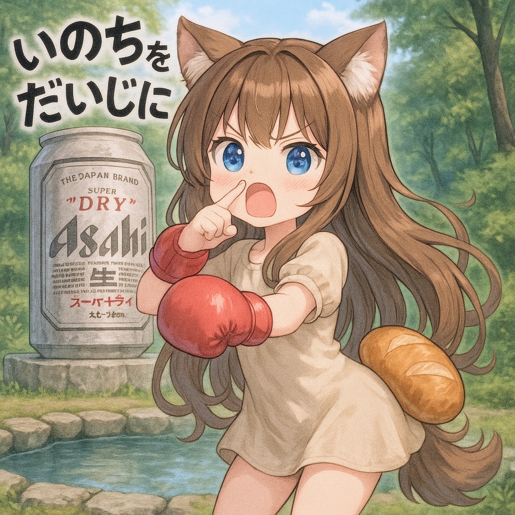 パンを尻にはさんで右手の指を鼻の穴に入れて左手でボクシングをしながら『いのちをだいじに』と叫んでいる小さな女の子 | の人気AIイラスト・グラビア