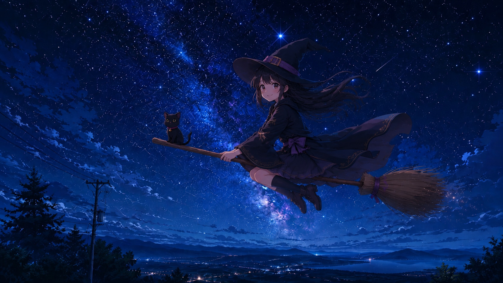 小さい魔女が夜空を飛んでいる