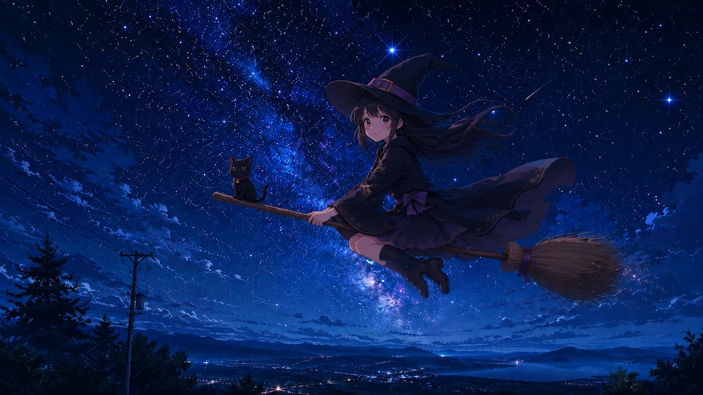 小さい魔女が夜空を飛んでいる