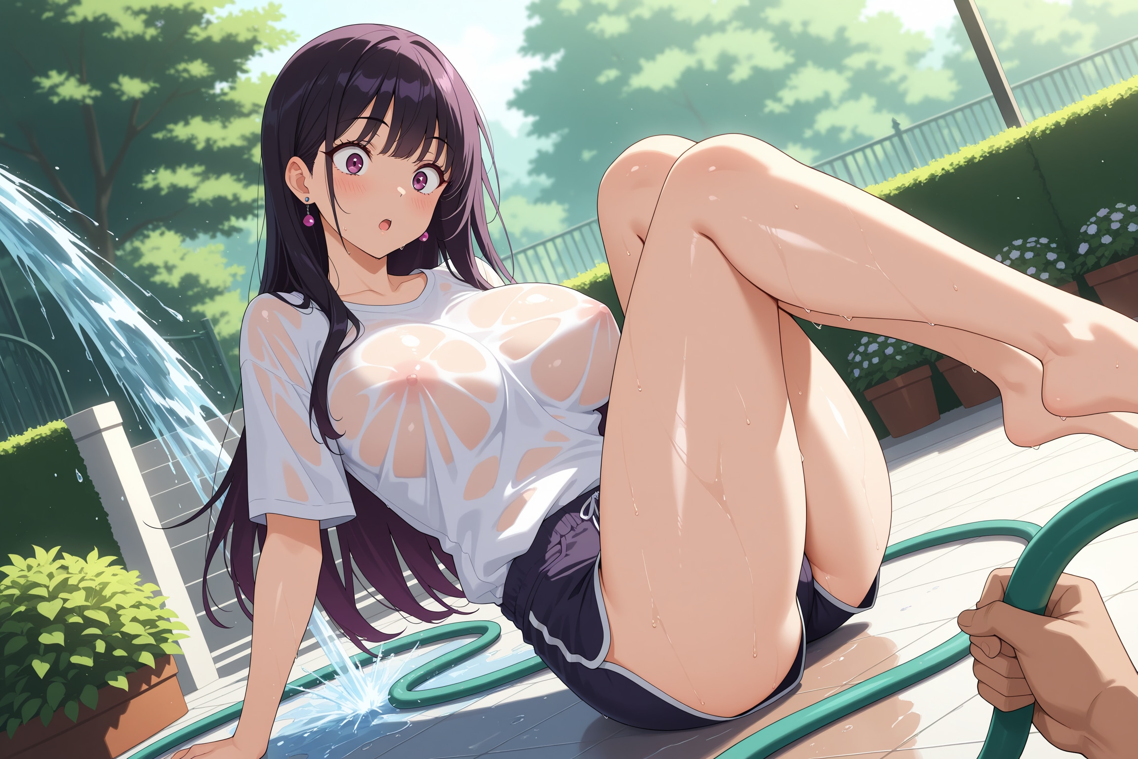 ホースからの水を被る涼音さん💦