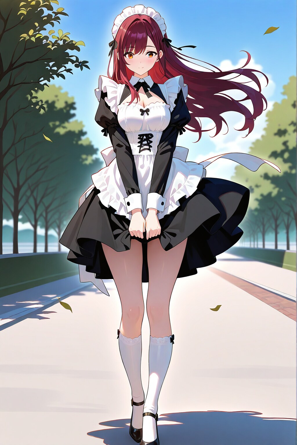 突風からスカートを抑えるメイド