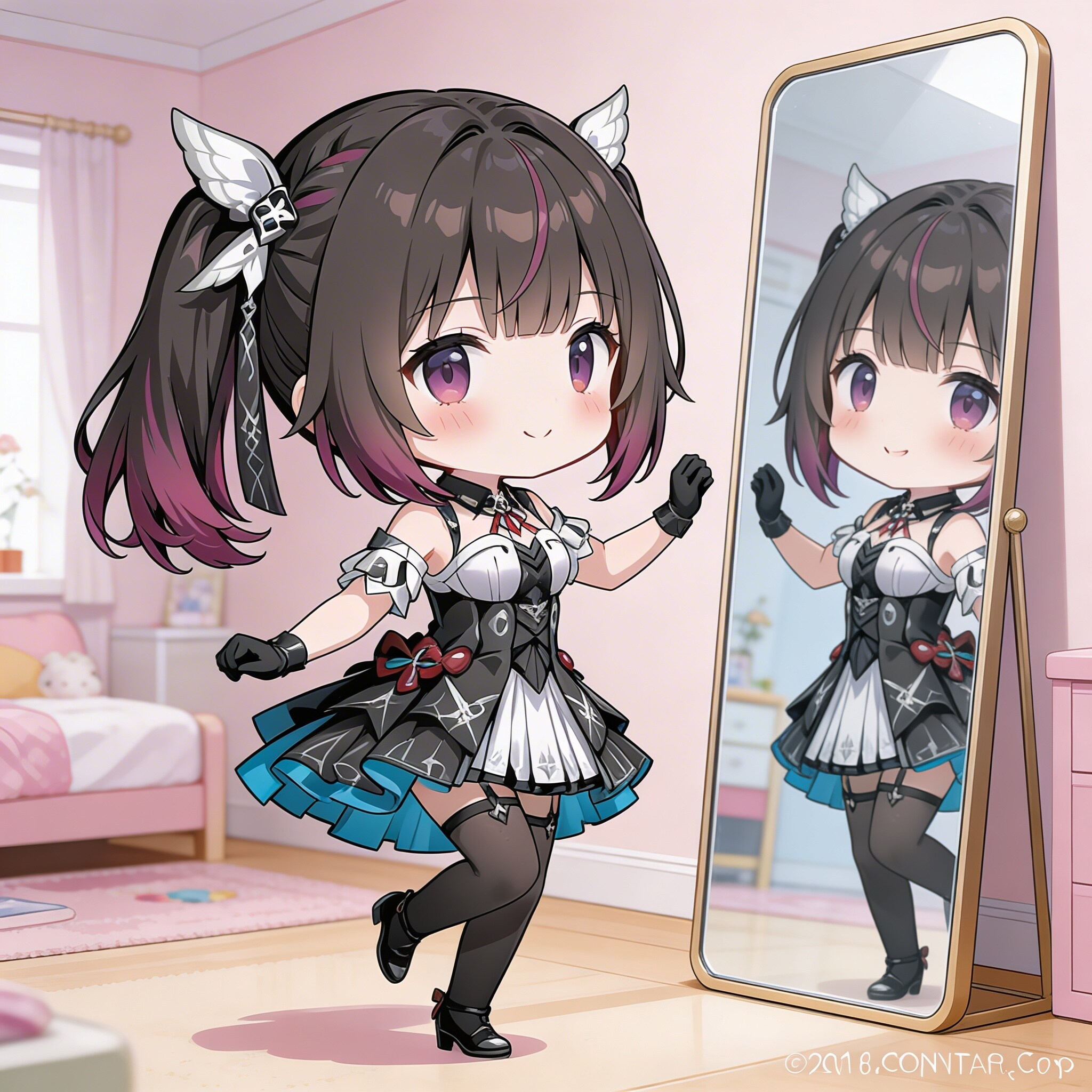 姿見の前でチェックをしているミテルちゃん
