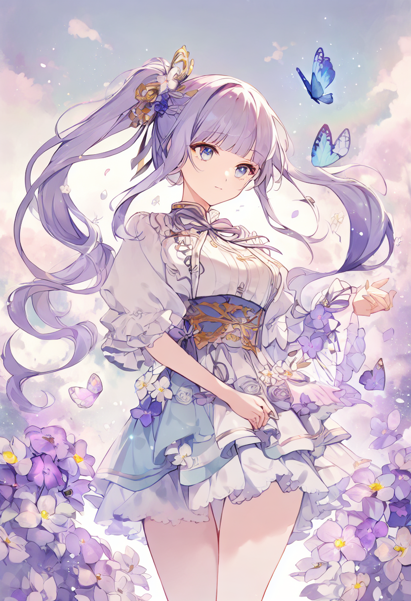 butterflies and tricolor violet flowers