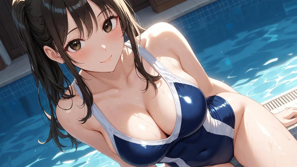 プールサイドのスクール水着