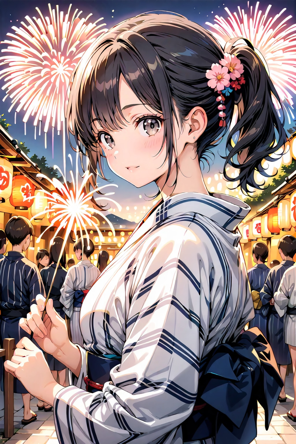 浴衣で花火鑑賞