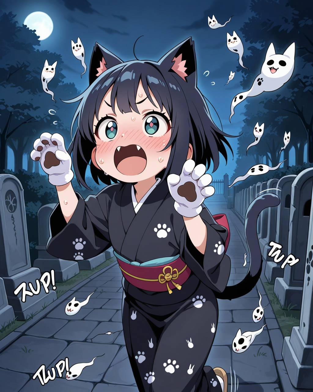お化けを怖がる化け猫。
