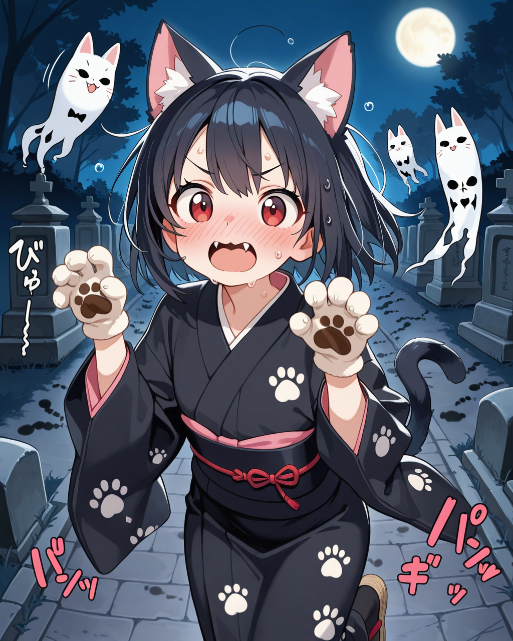 お化けを怖がる化け猫。