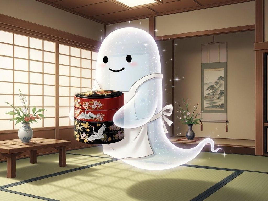 御節料理用の重箱を用意するお化けさん達