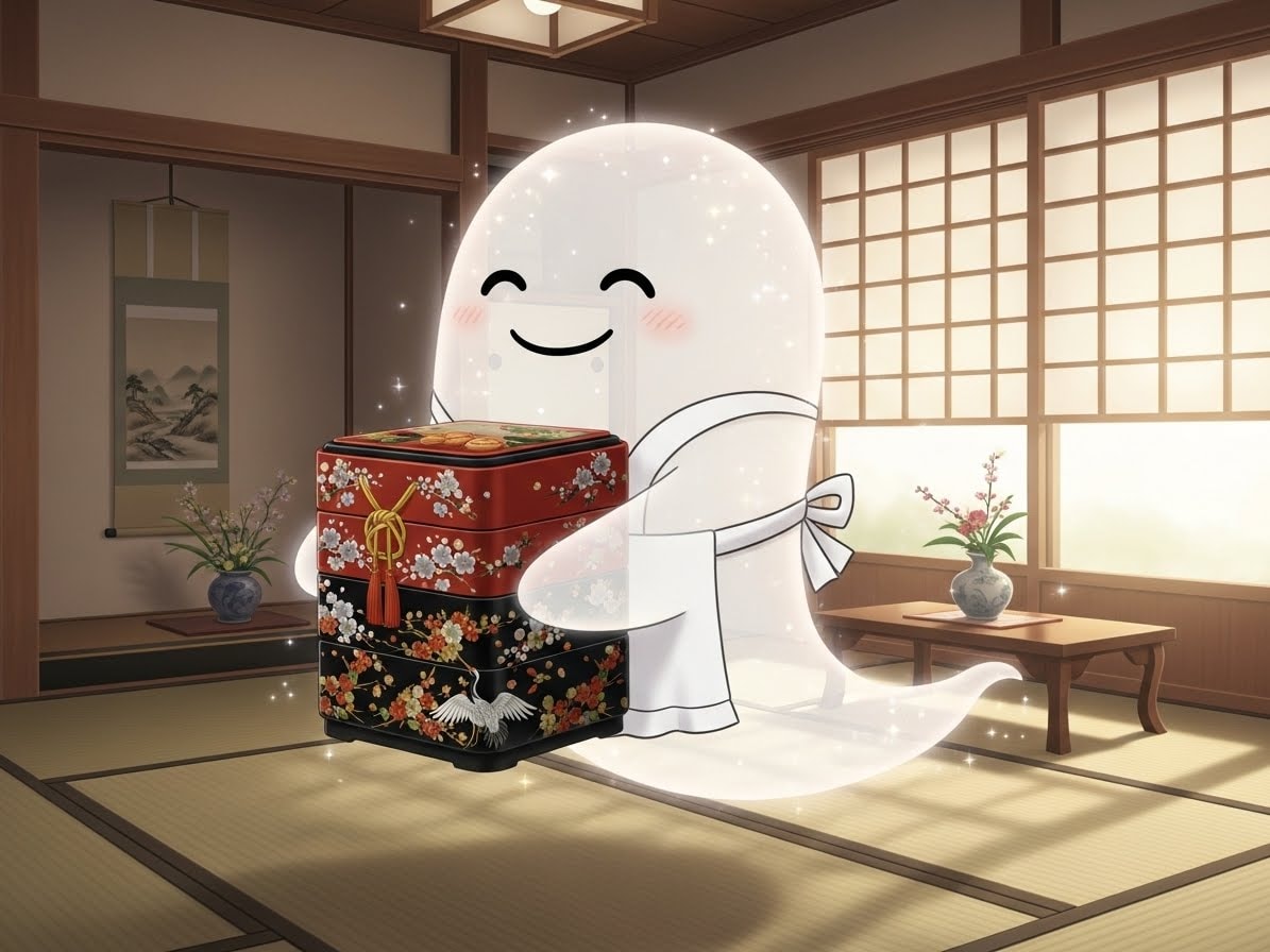 御節料理用の重箱を用意するお化けさん達 | の人気AIイラスト・グラビア