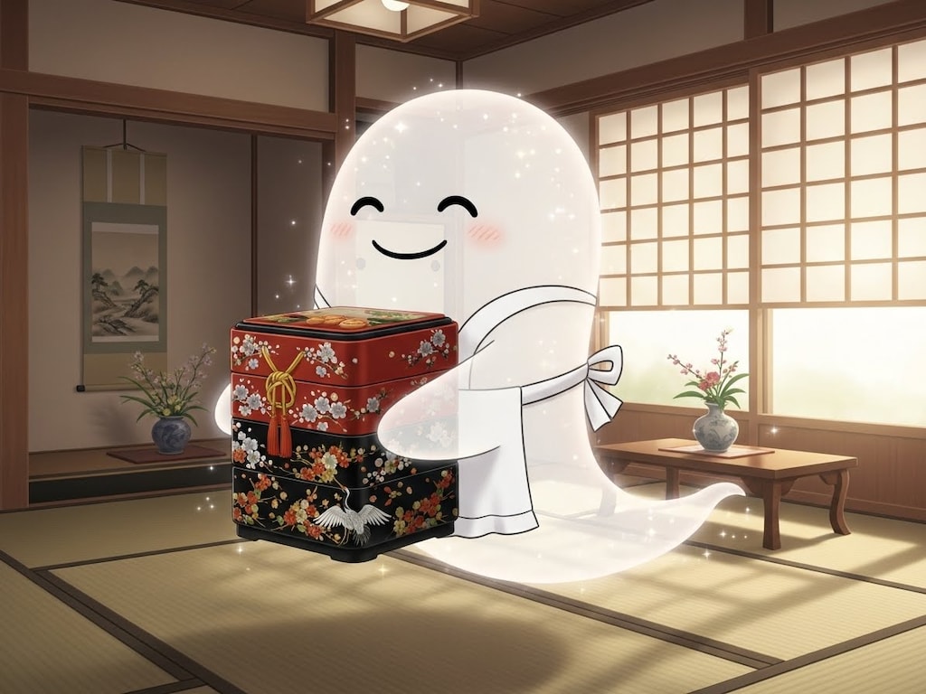 御節料理用の重箱を用意するお化けさん達