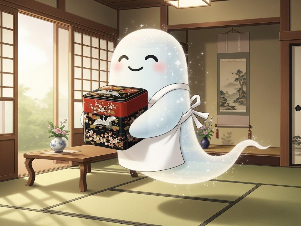 御節料理用の重箱を用意するお化けさん達