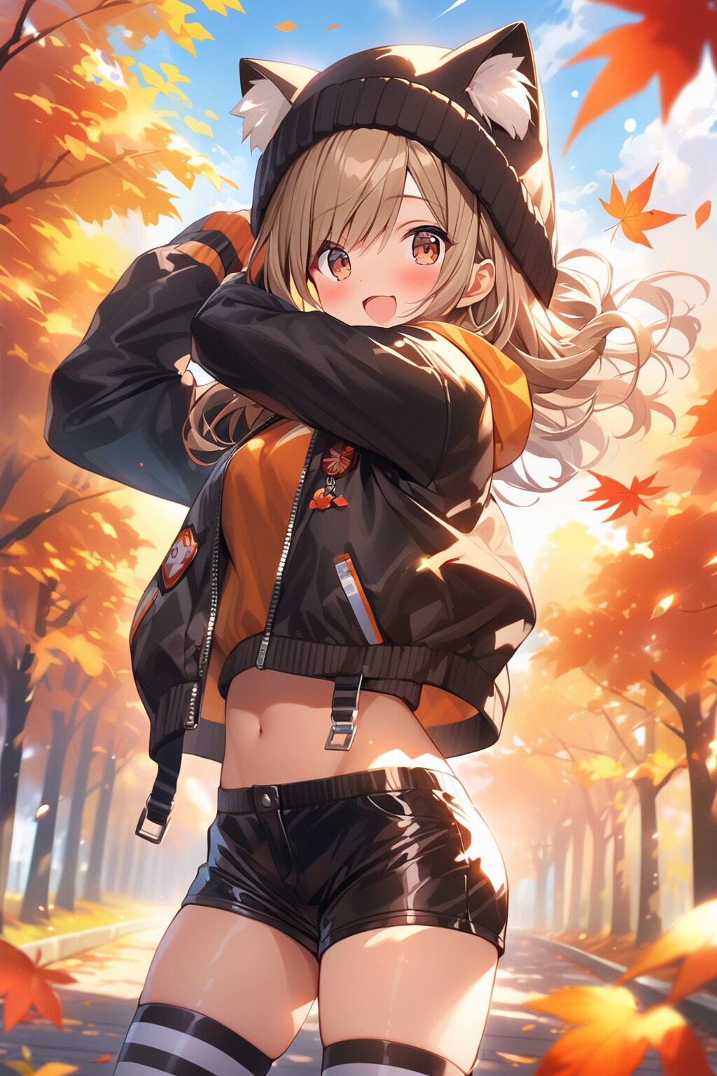 秋の紅葉と猫耳ニット帽 | の人気AIイラスト・グラビア