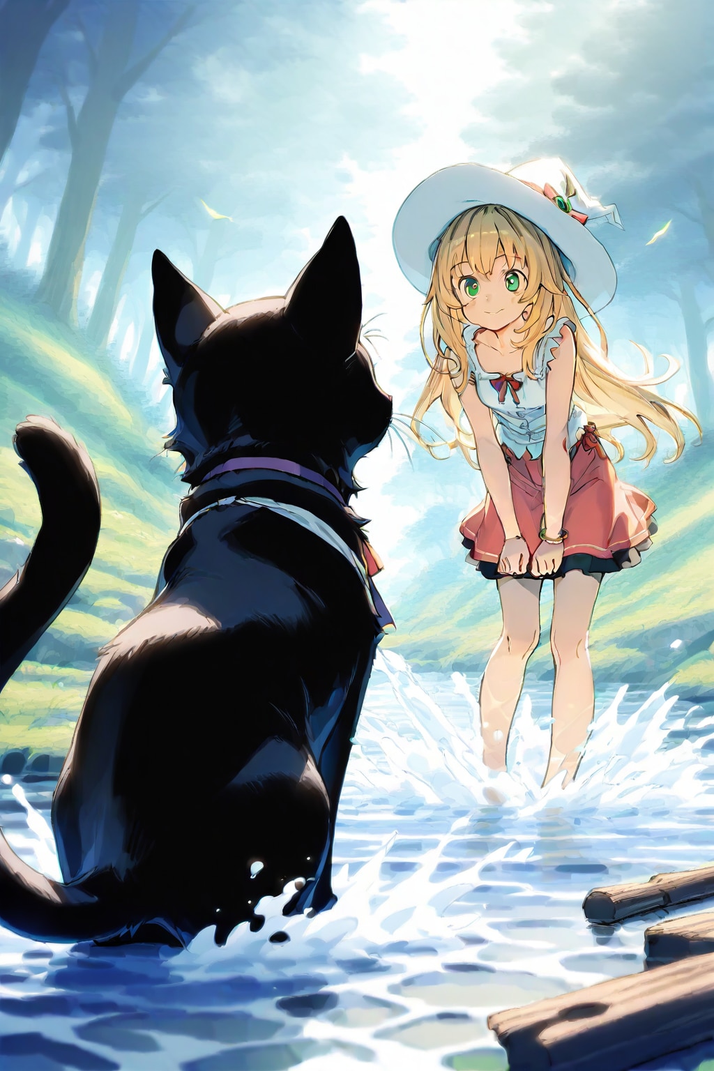 魔女と黒猫の川遊び