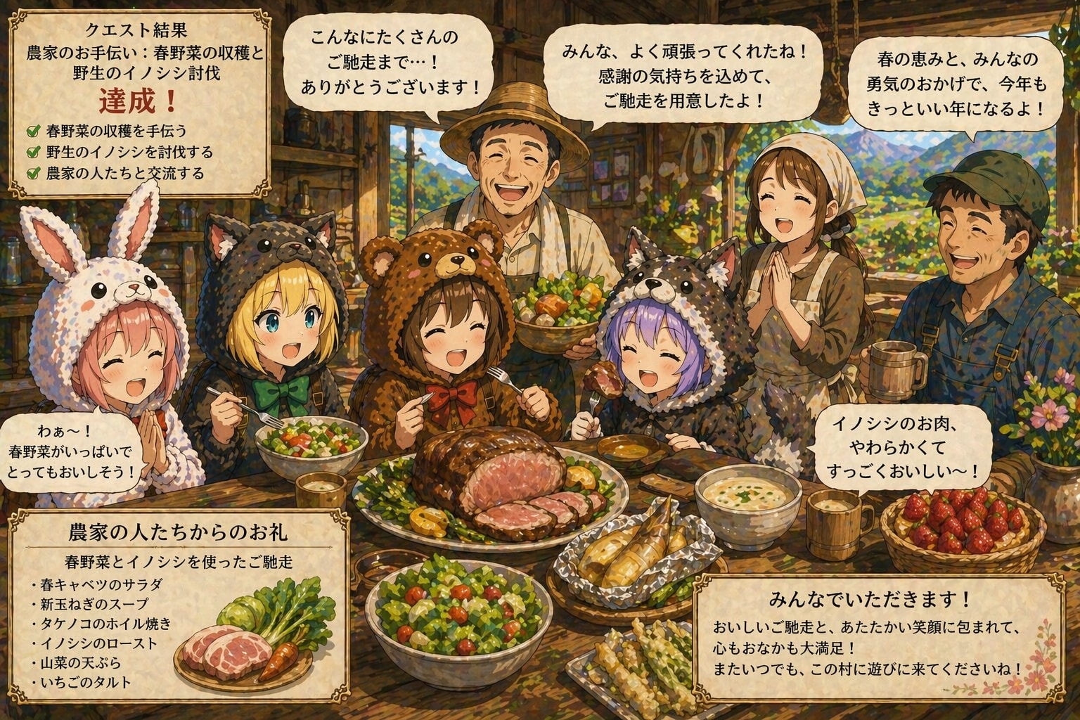 【All0430c】収穫のお手伝いのお礼に春野菜と討伐した野生の豚を使ったご馳走を農家の人達が作ってくれたので美味しく頂いた。（モデル: ChatGPT） | の人気AIイラスト・グラビア